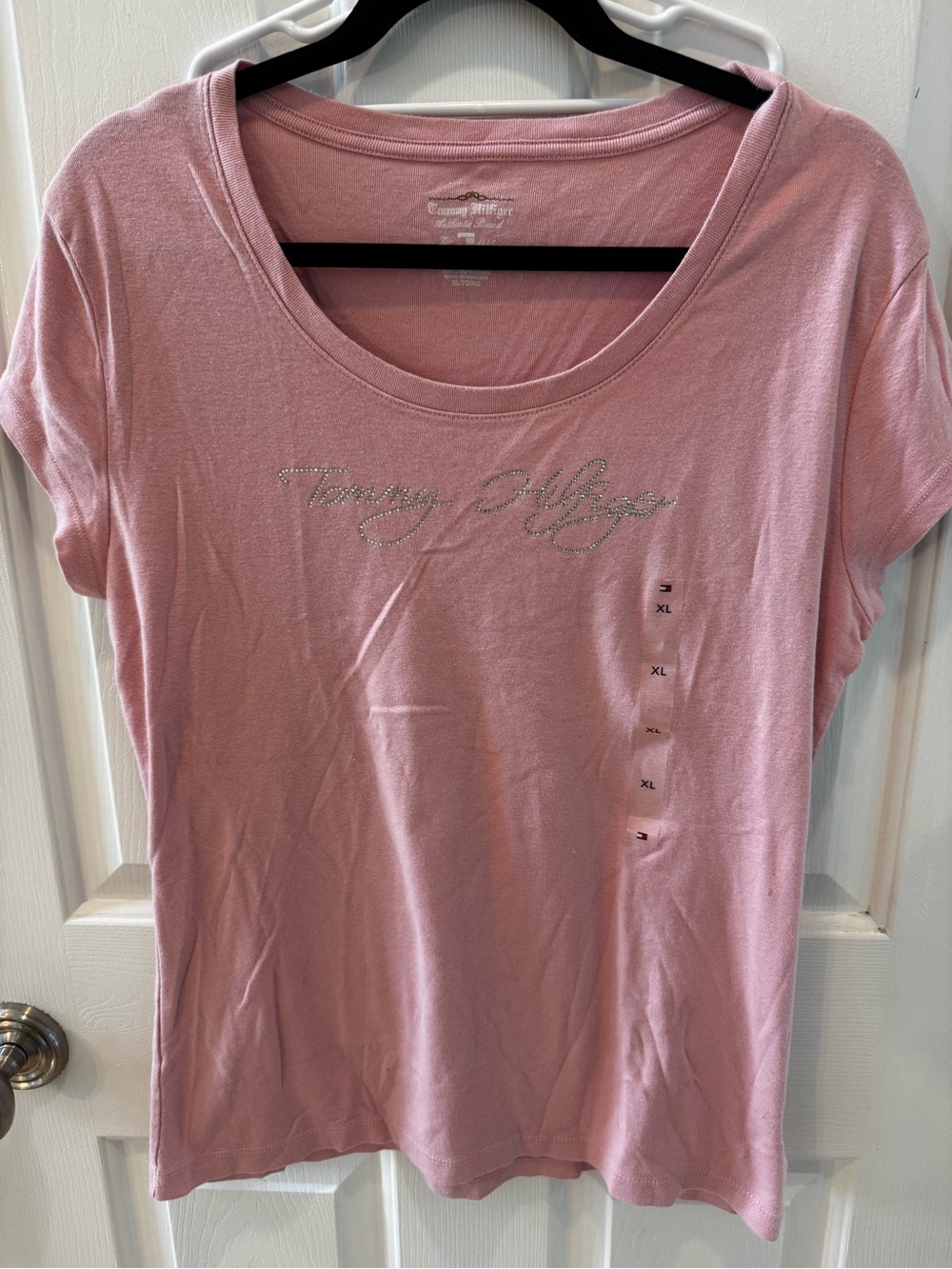 Tommy Hilfiger Light Pink Crystal Script Scoop Neck Tee
